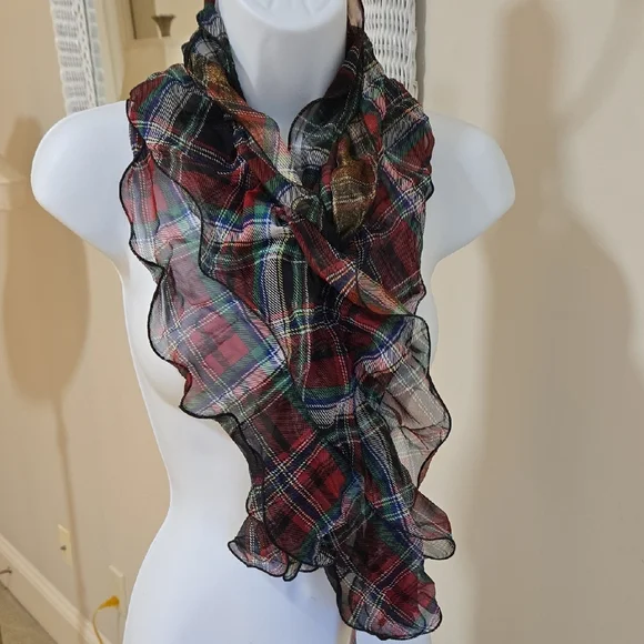 Lauren Ralph Lauren Ruffled Holiday Plaid Oblong Scarf Silk NWT - Picture 1 of 11